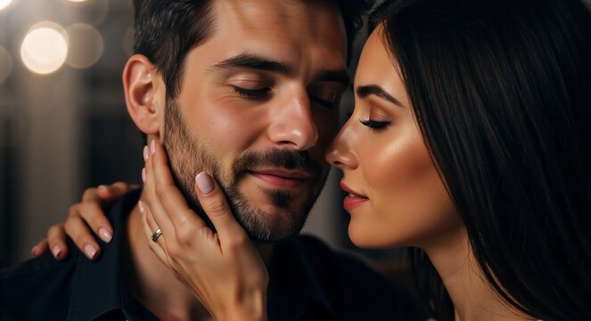 An affectionate woman gently touching her partner's face. Close-up of a young romantic couple sharing an intimate moment. Love and tenderness in a relationship