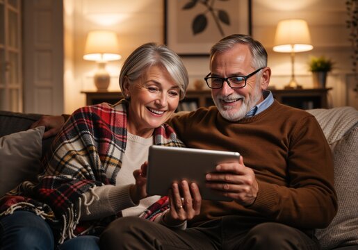Happy senior couple using a digital tablet on a sofa. Elderly man and woman laughing during a video call in a cozy living room at night. Retirement lifestyle and technology concept - Powered by Adobe