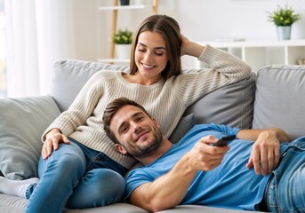 Happy young couple relaxing on a sofa and watching tv at home. Man lying on a woman's lap holding a remote control in a modern living room