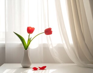 Red Tulips in Vase by Window.