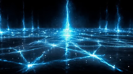 Frozen lake with a bright blue light in the center. The light is surrounded by a blue and white pattern