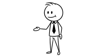 Fototapeta premium Friendly stick figure businessman offering handshake, portraying partnership, collaboration, and welcoming new opportunities in a simple, approachable style