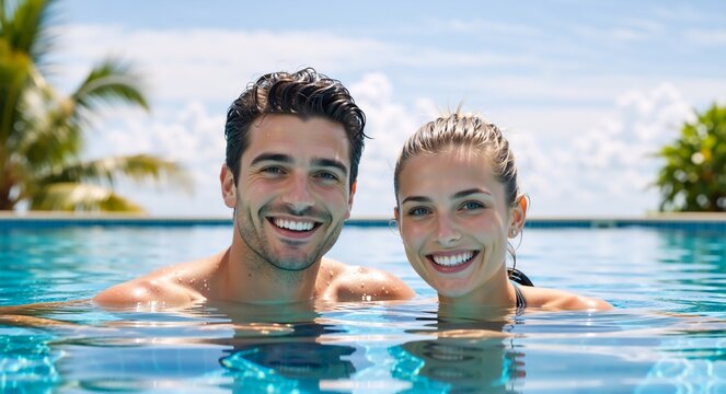 Happy young couple smiling in a swimming pool on summer vacation. Romantic man and woman relaxing at a tropical resort