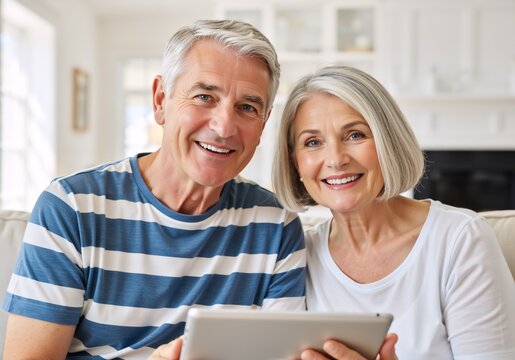Happy senior couple using digital tablet at home. Smiling elderly man and woman holding computer device on sofa. Retirement lifestyle and technology concept - Powered by Adobe