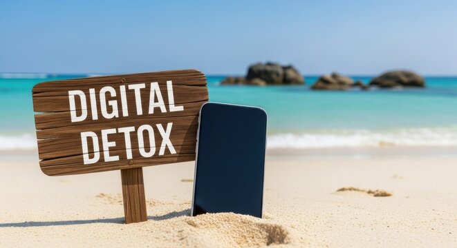 Digital Detox Sign and Phone on Beach