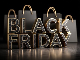 Large 3D BLACK FRIDAY letters with black marble texture and golden edges on a dark reflective surface, complemented by blurred golden-handle shopping bags, creating eye-catching luxury shopping theme