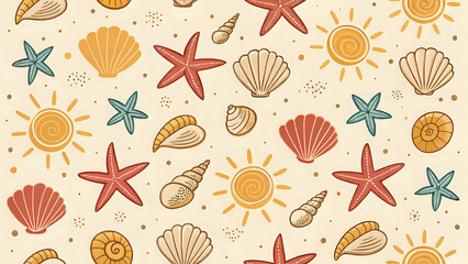 seamless pattern with shells, Summer beach icons pattern, shells, starfish, sun, seamless