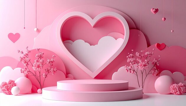 Set of 3D valentine day background with pink, red, white cylinder pedestal podium. Papercut in window heart shape. Vector geometric platform. Mockup product display. Minimal wall scene. Stage showcase