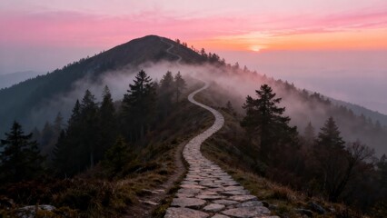 Winding mountain path at dawn, symbol of progress and new beginnings