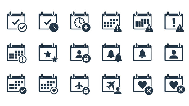 Collection of Black and White Calendar Icons for Events and Scheduling