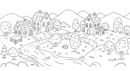 Obraz premium Charming Village Houses by Winding River Landscape