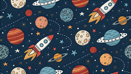 Space-themed doodle pattern, planets, rockets, stars, seamless