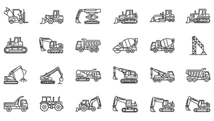 Modern outline vector icons of diverse heavy construction equipment and industrial vehicles, ideal for engineering, architecture, and urban development projects