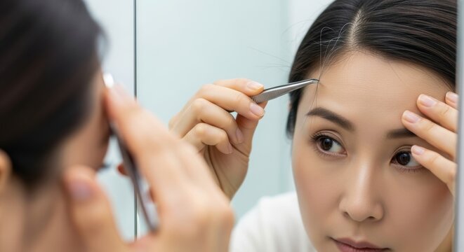 A woman in her 40s is plucking out white hair with tweezers.