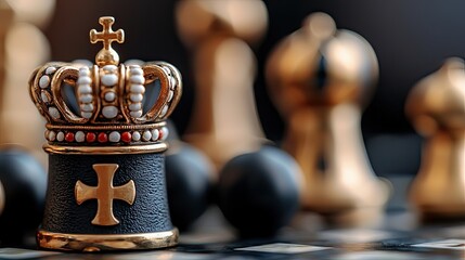 Close-up of a chess king piece with a gold crown, set on a chessboard. Other chess pieces are blurred in the background, creating a shallow depth of field.