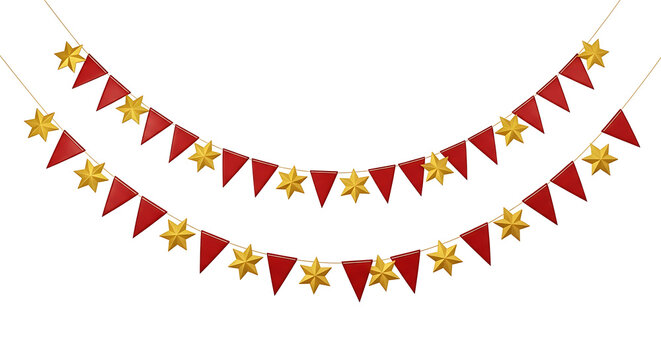 Red and gold festive pennant banners with star and leaf shapes
