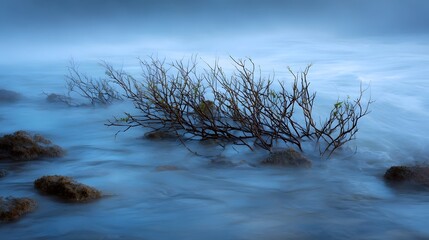 Misty twilight at the coast reveals submerged branches and rocks amidst the serene flowing ocean water creating a tranquil mood