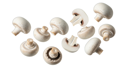 Fresh white button mushrooms falling isolated on background
