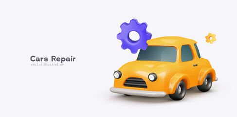 Naklejka premium Car Repair Service Icon With Cute 3D Yellow Auto And Gear Elements, Perfect For Auto Service Branding And Mechanics Concepts. Vector Illustration.