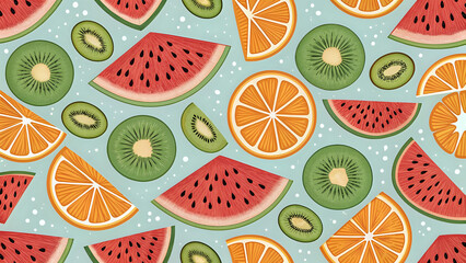 Tropical fruit slice pattern, watermelon, kiwi, orange, seamless