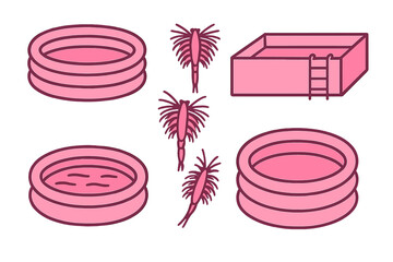 Set of inflatable swimming pools and tiny aquatic organisms for water quality testing
