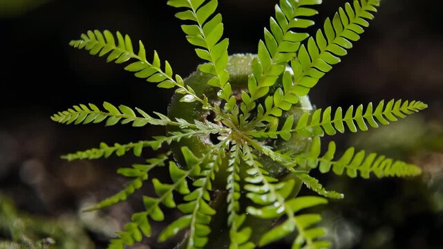 Close Up Macro Shot of a Green Fern Fiddlehead Unfurling in a Forest Ecosystem with Dark Moody Lighting and Soft Bokeh Background
