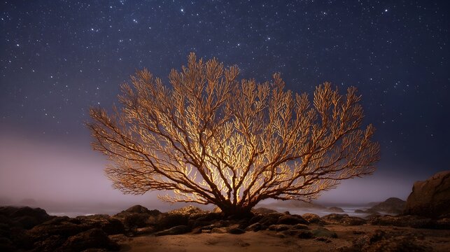 A majestic bare tree glowing with warm golden light stands illuminated under a vast starlit night sky with rolling fog over a rocky coast