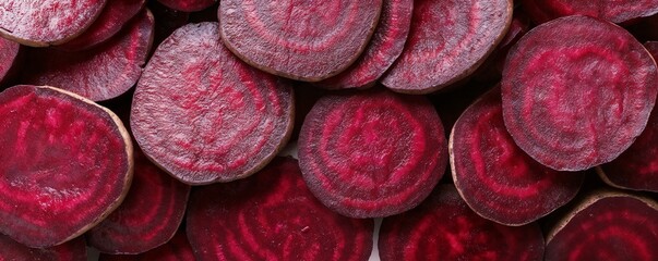 Overhead view of fresh red beet slices forming abstract background.