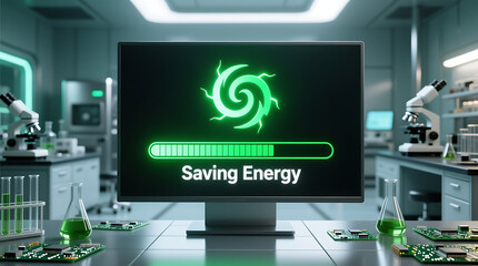 Innovative lab setup illustrating saving energy on a monitor screen display with green energy concept, perfect for eco-friendly technology promotions