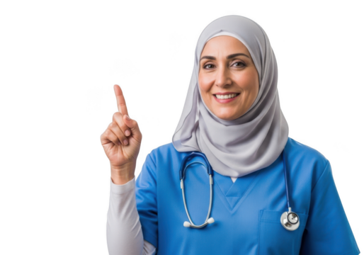 Smiling muslim nurse in blue scrubs pointing up isolated on transparent background