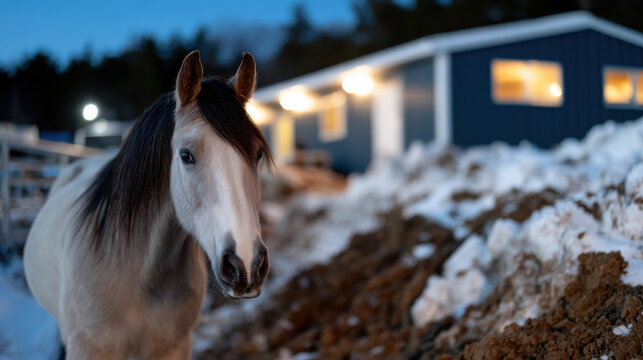 A striking horse stands against a backdrop of snowy terrain and a cozy barn, representing the beauty of rural life and a strong bond between animals and nature during winter.