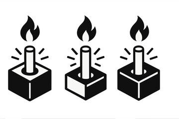 Fototapeta premium Three simple black and white flame symbols on cubic bases radiating light