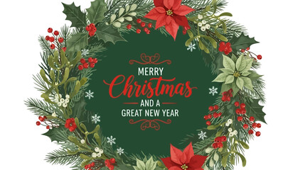 Festive Christmas Wreath with Poinsettias and Holiday Greetings Illustration © Miki