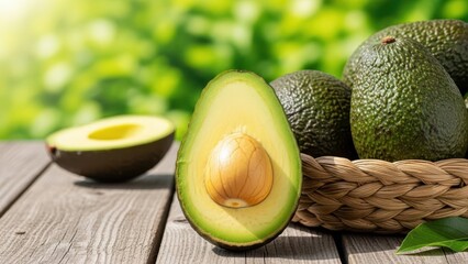Fresh Avocado: Capturing the essence of a nutritious indulgence, a selection of vibrant avocados is presented on a rustic wooden surface, highlighting the creamy texture and natural goodness. 