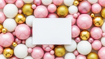 Elegant Spheres with Blank Canvas: A composition of pink, gold, and white spheres creates a luxurious backdrop for a crisp, blank canvas. perfect for message or design placement. 