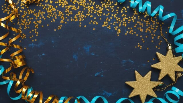 Festive Celebrations: A festive gathering, shimmering golden stars and scattered confetti with vibrant ribbons create a delightful celebratory atmosphere, setting the stage for joyous moments.