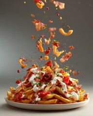 A plate of loaded fries topped with cheese, bacon, and green herbs, with toppings falling from above.