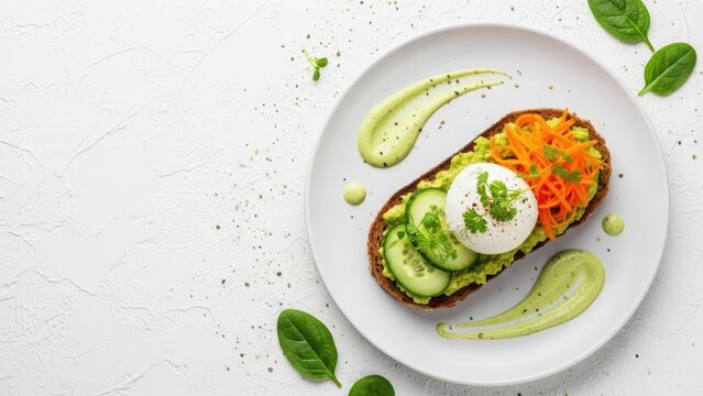 Avocado Toast Delight: A culinary masterpiece features a vibrant avocado toast, adorned with a poached egg and grated carrots on a plate, set against a pristine backdrop. - Powered by Adobe