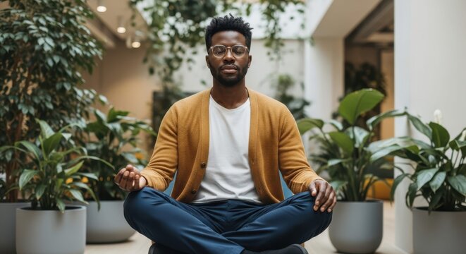 Inner Peace in Greenery: A man finding tranquility through meditation, surrounded by lush indoor plants. The scene radiates a sense of calm and well-being.