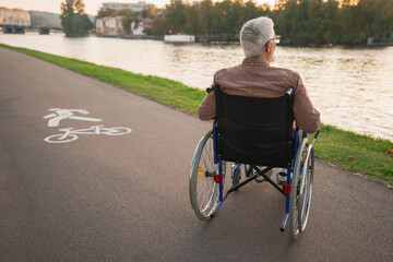 Sad senior man sitting in wheelchair walking on road in city park outdoor, back view. Old paralyzed...