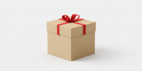 Fototapeta premium brown gift box, red ribbon, flat design, minimalism, soft pink and white background, modern aesthetic, suitable for holiday promotions, e-commerce websites, social media marketing