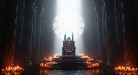 Gothic Throne Room: An imposing throne room illuminated by divine light shining through a rose window, with candles adding to the dramatic atmosphere. The scene evokes a sense of grandeur and mystery.