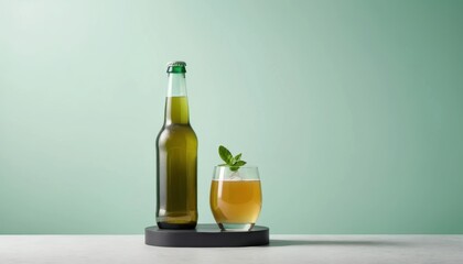 Refreshing beverages on a simple display with a soft green background Generative AI