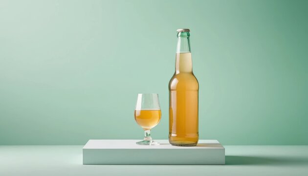Refreshing beer served in a glass beside a bottle on a minimalistic surface Generative AI - Powered by Adobe