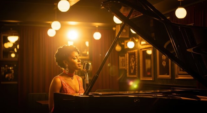 Soulful Melody: A poised artist pours her heart and soul into a captivating performance at a jazz club.