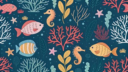 Underwater sea creatures pattern, fish, shells, corals, vibrant, seamless