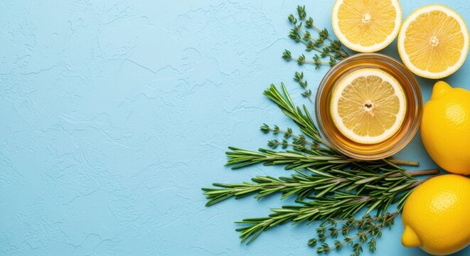 Citrus Infusion: A visually pleasing arrangement of fresh lemons, aromatic herbs, and a glass of refreshing drink, all set against a tranquil backdrop. 