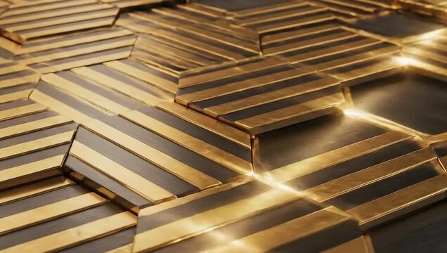 Closeup of a modern and luxurious geometric pattern with golden stripes on dark background