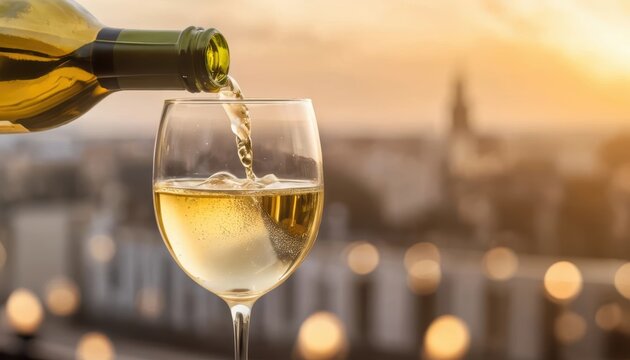 Joyful evening of wine pouring at sunset with city skyline view Generative AI - Powered by Adobe