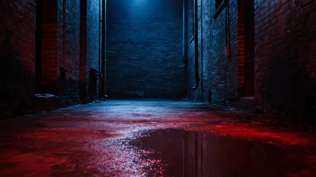 Dark alleyway with puddles and brick walls at night, street view